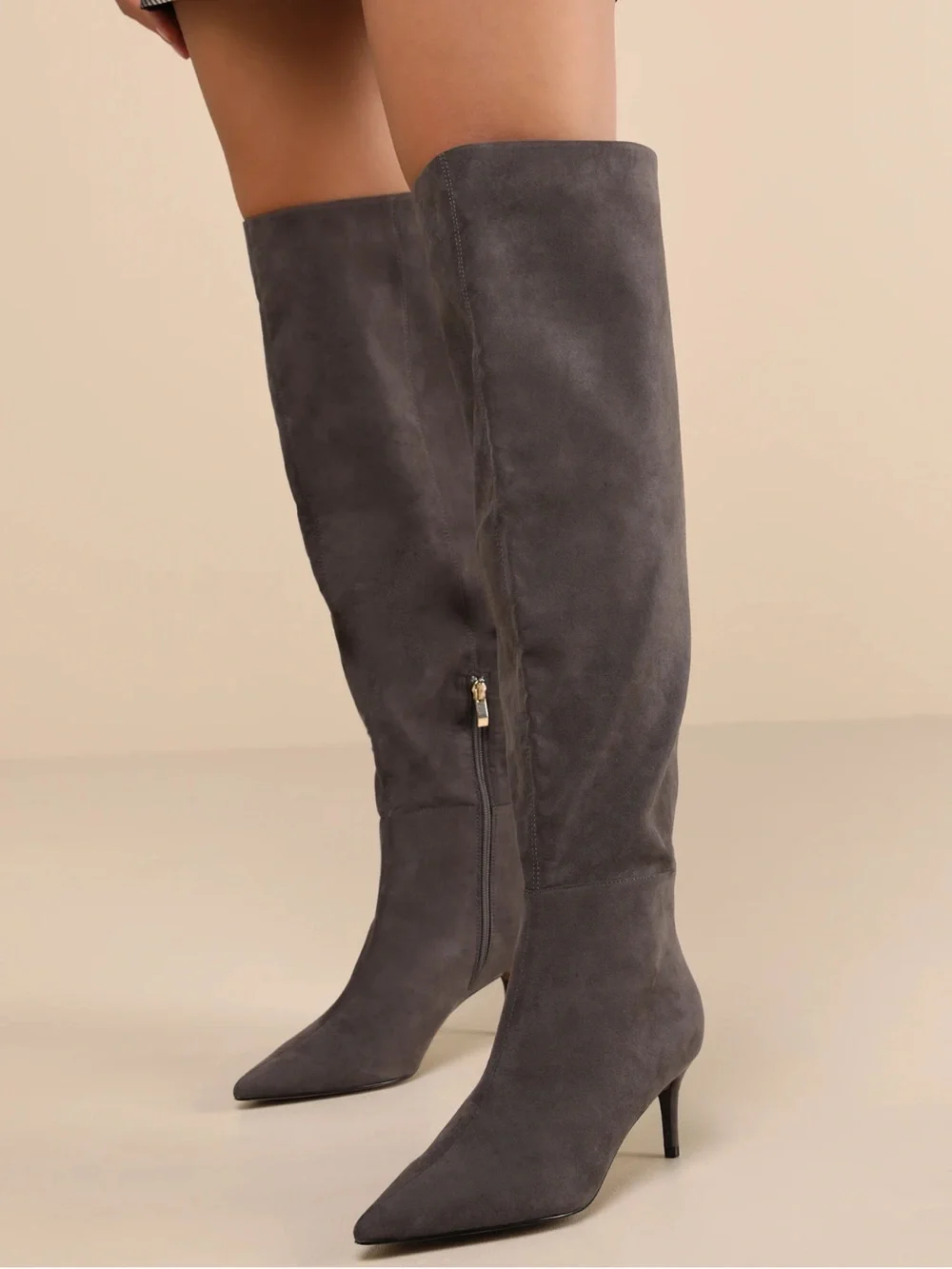 Lulu's Charcoal Suede Over-the-Knee Pointed Toe Boots
